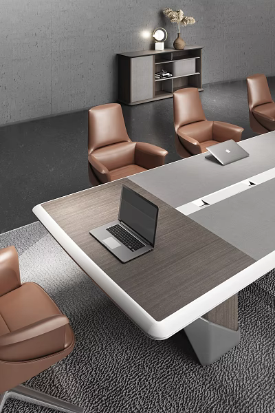 Modern Office Table and Chair Set with Leather Chairs Wooden Desk and Laptop 3d model