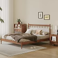 Double Bed with Wooden Headboard Pillows Blanket Nightstands Table Lamp Wall Art and Green Plant