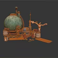 Green Spherical Industrial Equipment With Pipes Wooden Barrels Metal Drums Platform And Small Parts