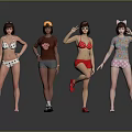 Group of Women in Various Swimwear Posing with Different Accessories and Styles