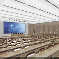 Spacious Conference Room With Rows of Seats Large Projection Screen Wooden Walls and Modern Lighting