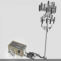 Industrial Equipment Featuring Tall Communication Tower With Multiple Antennas Small Yellow Building And Base Equipment