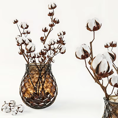 Decorative Metallic Mesh Vase With White Cotton Flowers For Home Decor 3d model