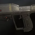 Futuristic Metal Pistol With Red Buttons Yellow Stripe And Textured Grip Design