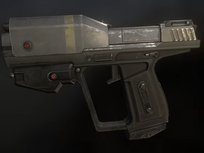 Futuristic Metal Pistol With Red Buttons Yellow Stripe And Textured Grip Design 3d model