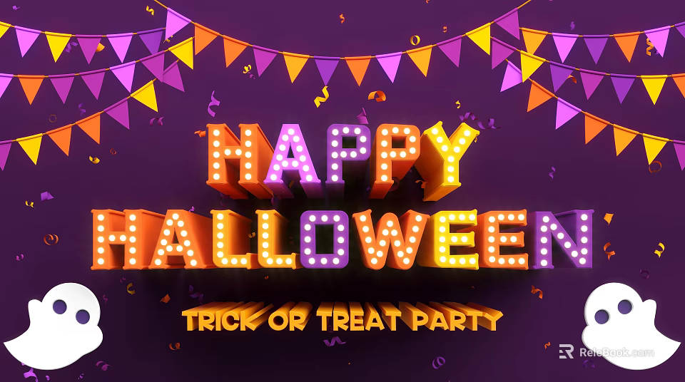 Halloween Trick or Treat Party Decor With Colorful Pennant Banners And Decorative Letters 3d model 