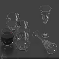 Transparent Glass Wine Glass Collection with Dark Liquid and Fallen Goblet on Blue Background