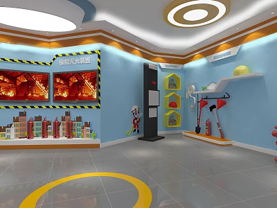 Cultural Art Exhibition Hall Interior With Blue Walls Display Shelves Artworks And Circular Ceiling Lights 3d model