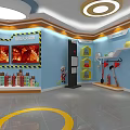 Cultural Art Exhibition Hall Interior With Blue Walls Display Shelves Artworks And Circular Ceiling Lights