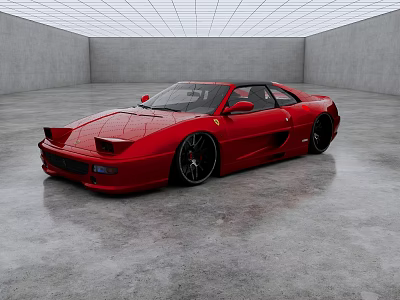Red Ferrari Sports Car In Spacious Indoor Garage With Black Alloy Wheels 3d model
