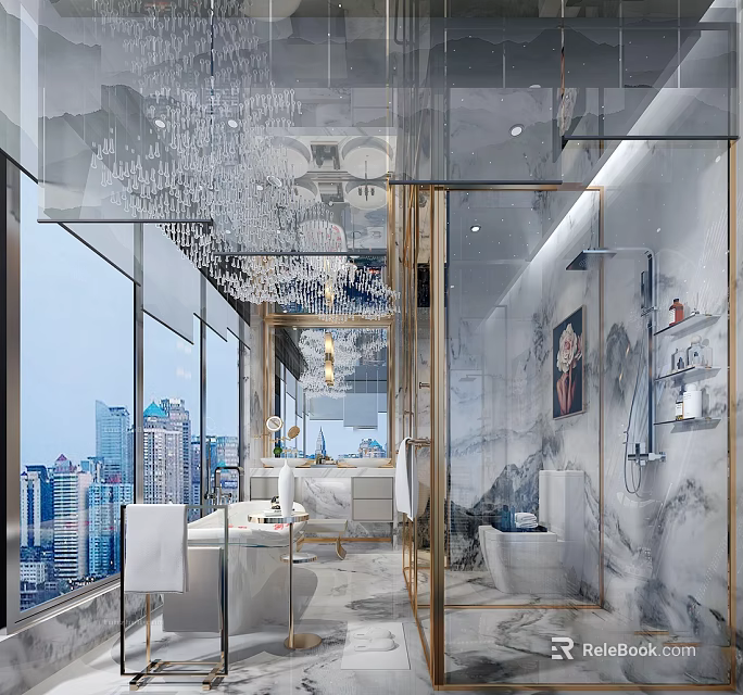 Luxury Modern Bathroom Interior With Marble Walls Crystal Chandelier Large Windows City View And Bathtub 3d model 