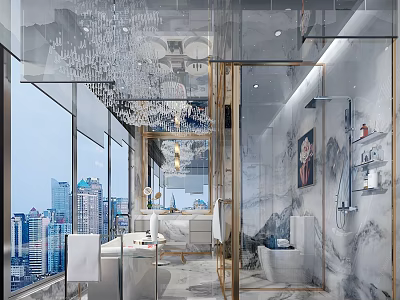 Luxury Modern Bathroom Interior With Marble Walls Crystal Chandelier Large Windows City View And Bathtub 3d model