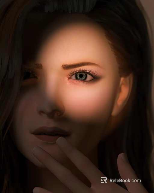 Close Up Portrait Of Woman With Long Hair Soft Light And Hand On Cheek 3d model 