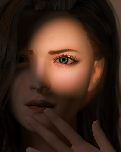 Close Up Portrait Of Woman With Long Hair Soft Light And Hand On Cheek 3d model