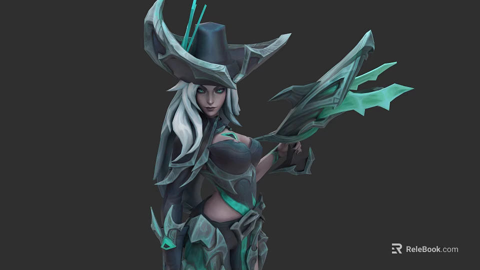 Game Fantasy Character with Horned Hat White Hair Dark Outfit Green Accents Holding Magical Staff 3d model 