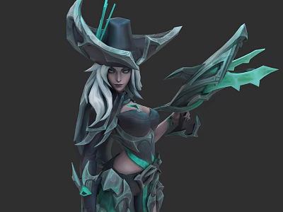 Game Fantasy Character with Horned Hat White Hair Dark Outfit Green Accents Holding Magical Staff 3d model
