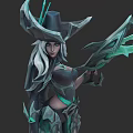 Game Fantasy Character with Horned Hat White Hair Dark Outfit Green Accents Holding Magical Staff