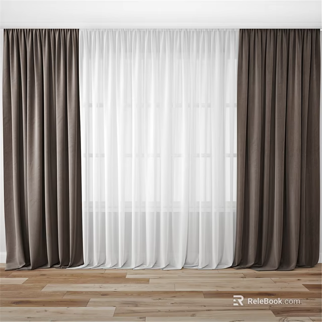 Stylish Dark Brown And White Curtains With Sheer Panels For Window Interior 3d model 