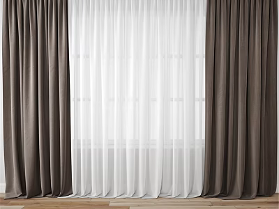 Stylish Dark Brown And White Curtains With Sheer Panels For Window Interior 3d model