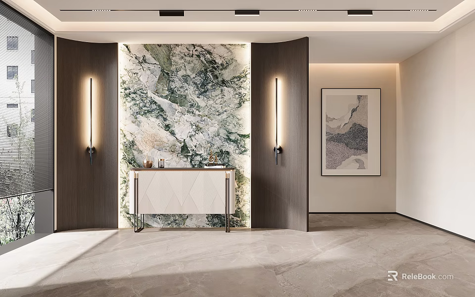 Modern Entryway Interior Design With Marble Accent Wall Console Table And Wall Lamps 3d model