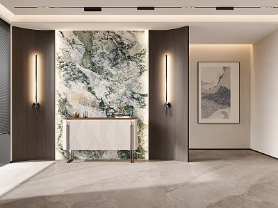 Modern Entryway Interior Design With Marble Accent Wall Console Table And Wall Lamps 3d model