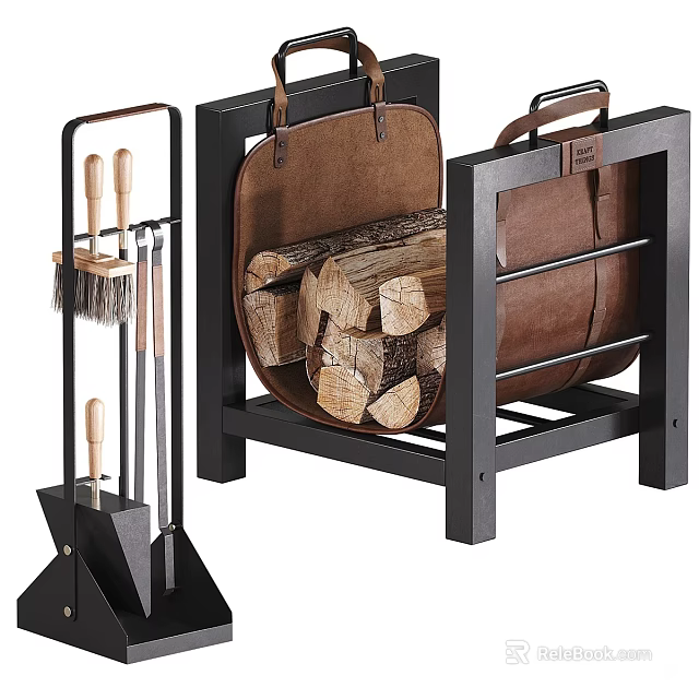 Stone And Wooden Log Storage Rack With Leather Holders Black Frames And Tools 3d model