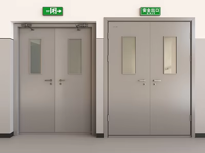 Double Silver Emergency Exit Doors with Glass Panels and Green Exit Signs 3d model
