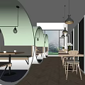 Modern Café Interior Design With Curved Seating Pendant Lights Herringbone Wooden Floor And Greenery View