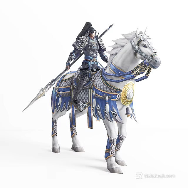 Fantasy Armored Warrior Character From Game Movie Riding White Horse With Spear And Ornate Gear 3d model 