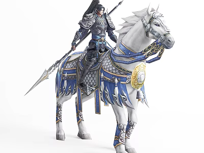 Fantasy Armored Warrior Character From Game Movie Riding White Horse With Spear And Ornate Gear 3d model