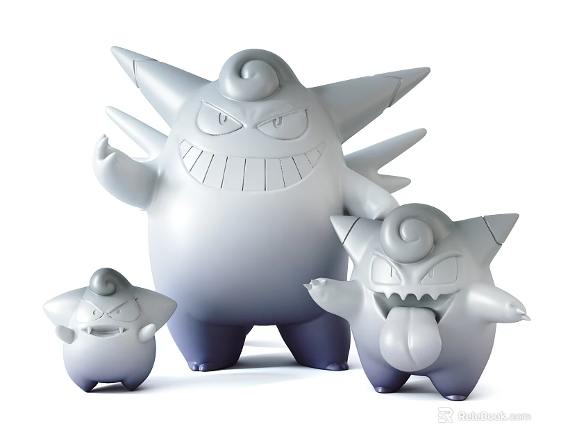 Gray Spiked Dolls Three Different Sizes Featuring Grinning And Open Mouth Expressions 3d model