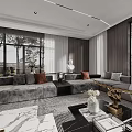 Modern Dining Living Room Interior With Large Windows Gray Flooring And Art Sculpture