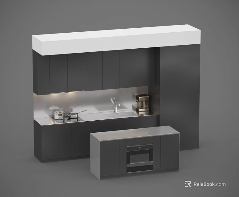 Gray Kitchen Cabinets With Wall Base Units Countertop Sink Faucet Stove And Small Oven Cabinet 3d model 