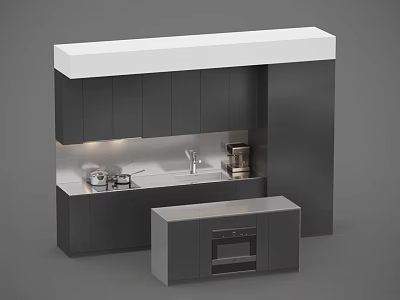 Gray Kitchen Cabinets With Wall Base Units Countertop Sink Faucet Stove And Small Oven Cabinet 3d model