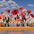 Floral Installation Featuring Large Red Pink Orange Flowers Bench Colorful Small Blooms on Orange Platform