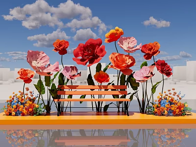 Floral Installation Featuring Large Red Pink Orange Flowers Bench Colorful Small Blooms on Orange Platform 3d model