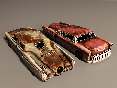 Two Rusty Vintage Old Cars With Weathered Exterior And Damaged Windows 3d model