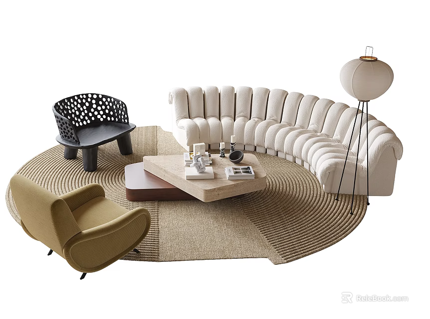 Curved Beige Upholstered Sofa And Coffee Table Set With Area Rug And Floor Lamp 3d model 