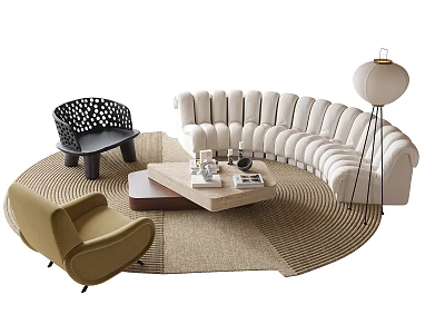 Curved Beige Upholstered Sofa And Coffee Table Set With Area Rug And Floor Lamp 3d model