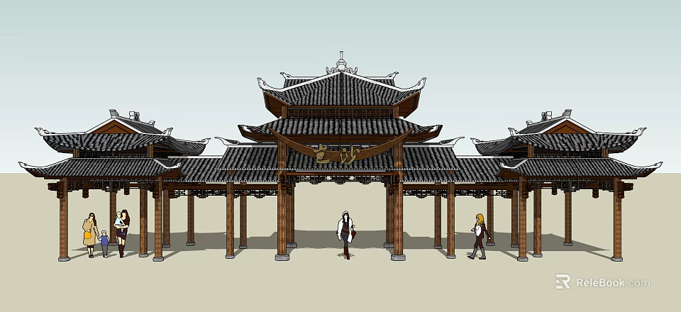 Traditional Chinese Entrance Gate With Pagoda Roof Wooden Structure And People Standing Below 3d model 