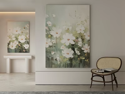 Abstract Painting Of White Flowers In Modern Interior Decor With Wooden Chair And Light Wall 3d model