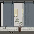 Gray Barn Doors With Crossed Panel Design In Modern Interior With Side Table And Plants