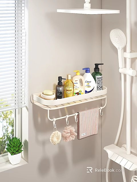 Bathroom Accessories Organized On Wall Mounted Shelf With Toiletries Hooks And Towel 3d model 