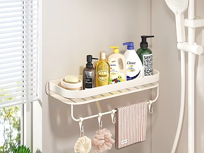 Bathroom Accessories Organized On Wall Mounted Shelf With Toiletries Hooks And Towel 3d model