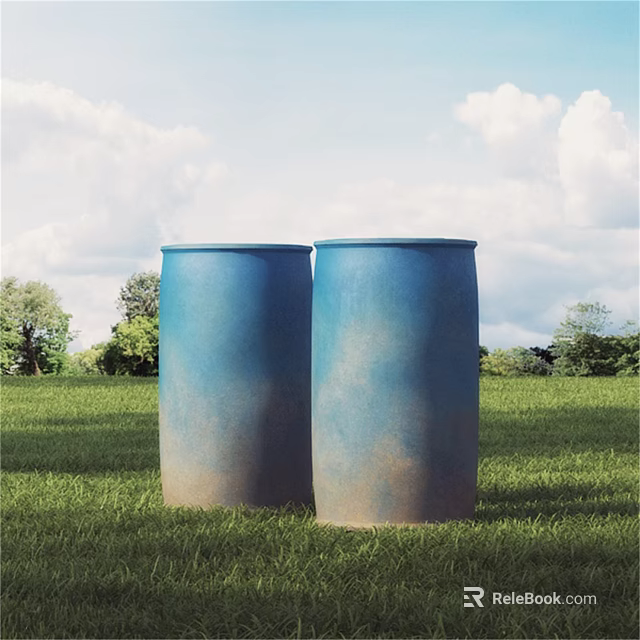 Agricultural Equipment Two Blue Barrels on Green Grass Field with Trees and Sky 3d model 
