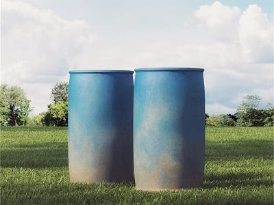 Agricultural Equipment Two Blue Barrels on Green Grass Field with Trees and Sky 3d model