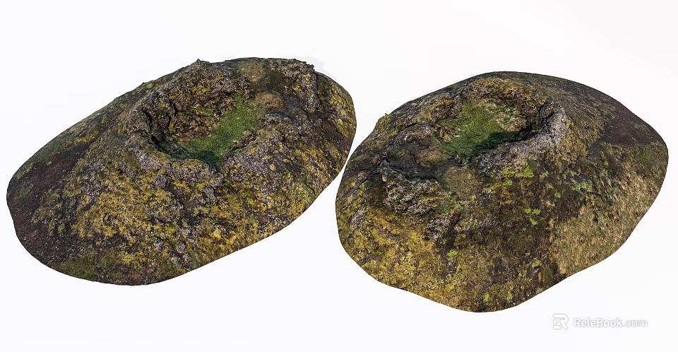 Natural Stone Wood Decorative Pieces With Green Moss And Hollow Design 3d model 