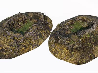Natural Stone Wood Decorative Pieces With Green Moss And Hollow Design 3d model