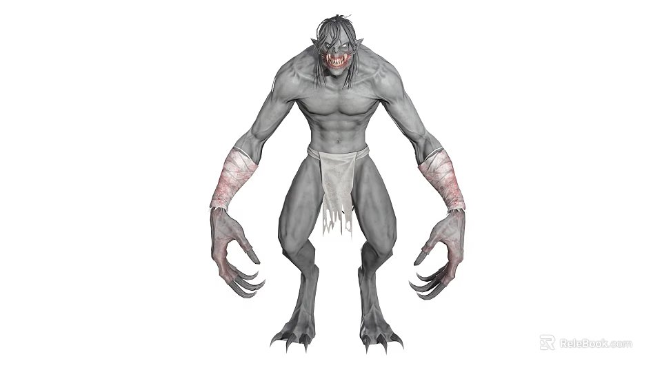 Fierce Fantasy Monster Character With Grey Skin Muscular Body Sharp Claws And Tattered Shorts 3d model 