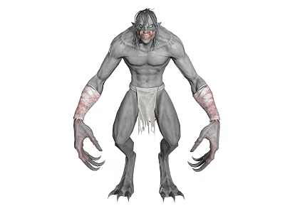 Fierce Fantasy Monster Character With Grey Skin Muscular Body Sharp Claws And Tattered Shorts 3d model